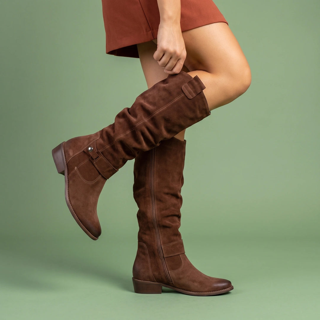 Catherine Gathered Suede Low Heel Tall Boots - Dark Brown