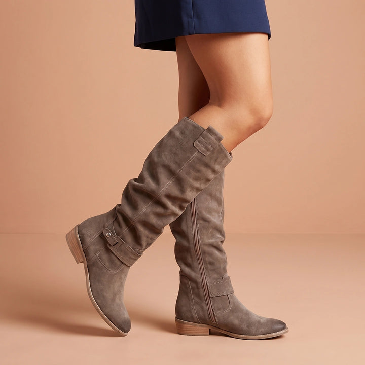 Catherine Gathered Suede Low Heel Tall Boots - Gray