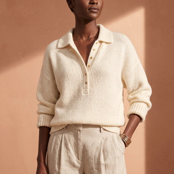 Catrin Button Neck Polo Collar Pullover Sweater - Beige