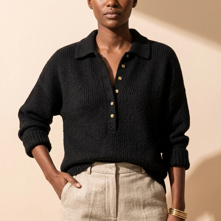 Catrin Button Neck Polo Collar Pullover Sweater - Black