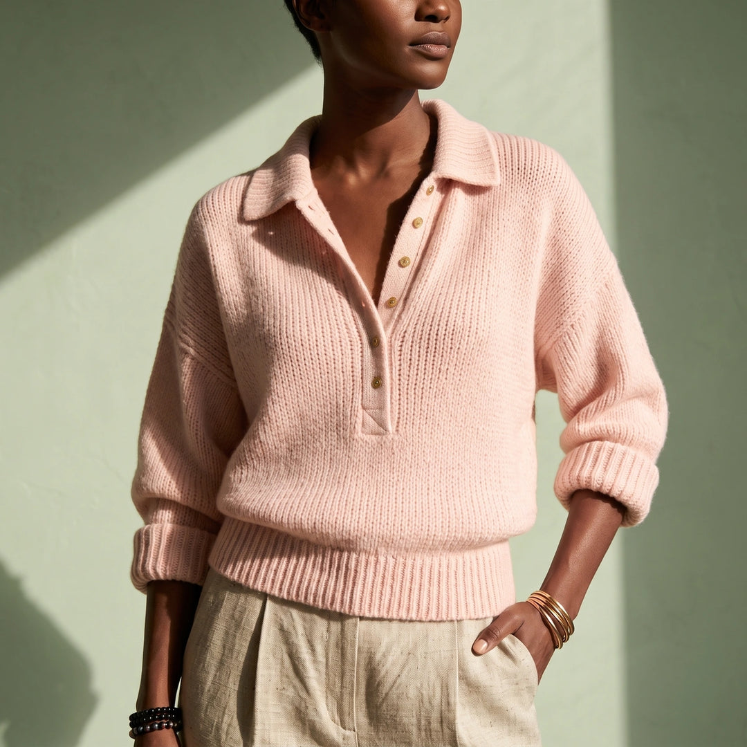 Catrin Button Neck Polo Collar Pullover Sweater - Pink