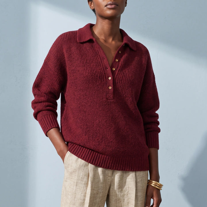 Catrin Button Neck Polo Collar Pullover Sweater - Red