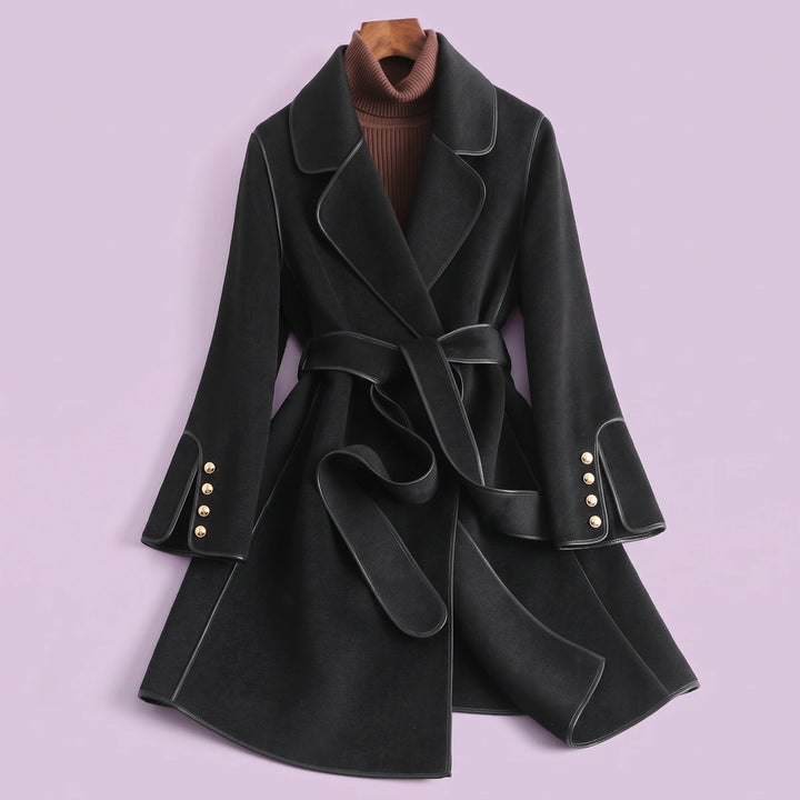 Charis Contrast Piped Belted Wool Wrap Coat - Black