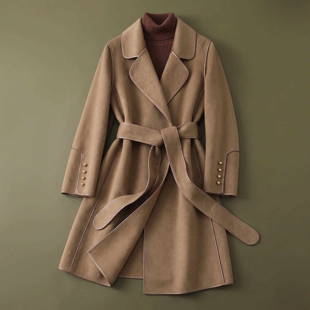 Charis Contrast Piped Belted Wool Wrap Coat - Camel