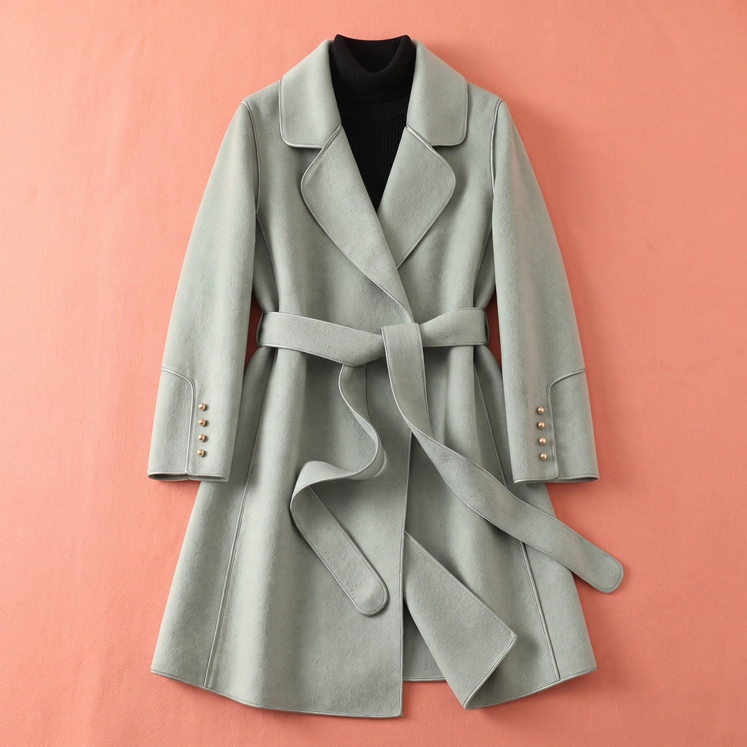 Charis Contrast Piped Belted Wool Wrap Coat - Sage