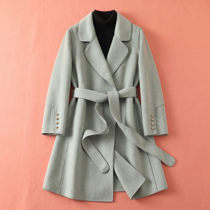 Charis Contrast Piped Belted Wool Wrap Coat - Sage