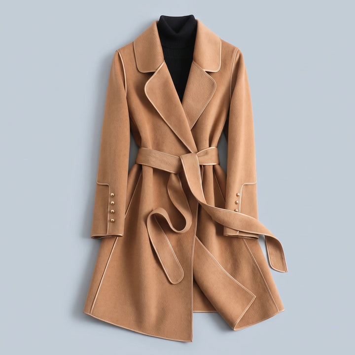 Charis Contrast Piped Belted Wool Wrap Coat - Tan