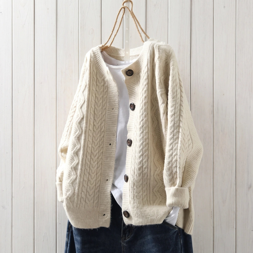 Charlene Cable Knit Crew Neck Button Cardigan - Beige
