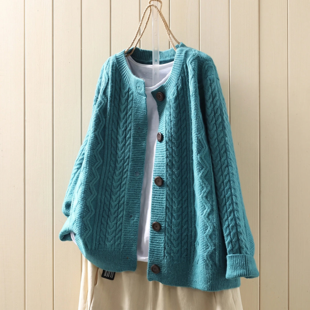 Charlene Cable Knit Crew Neck Button Cardigan - Blue