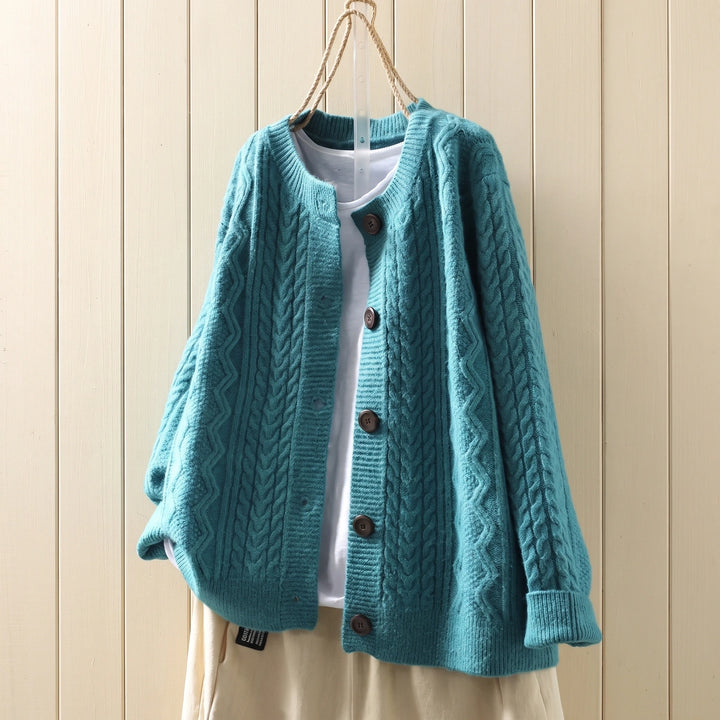 Charlene Cable Knit Crew Neck Button Cardigan - Blue