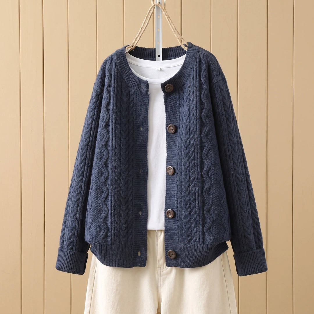 Charlene Cable Knit Crew Neck Button Cardigan - Navy Blue