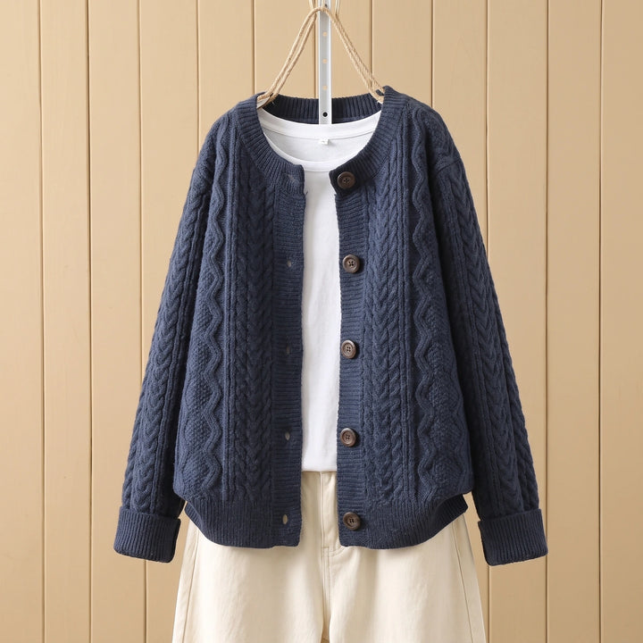 Charlene Cable Knit Crew Neck Button Cardigan - Navy Blue