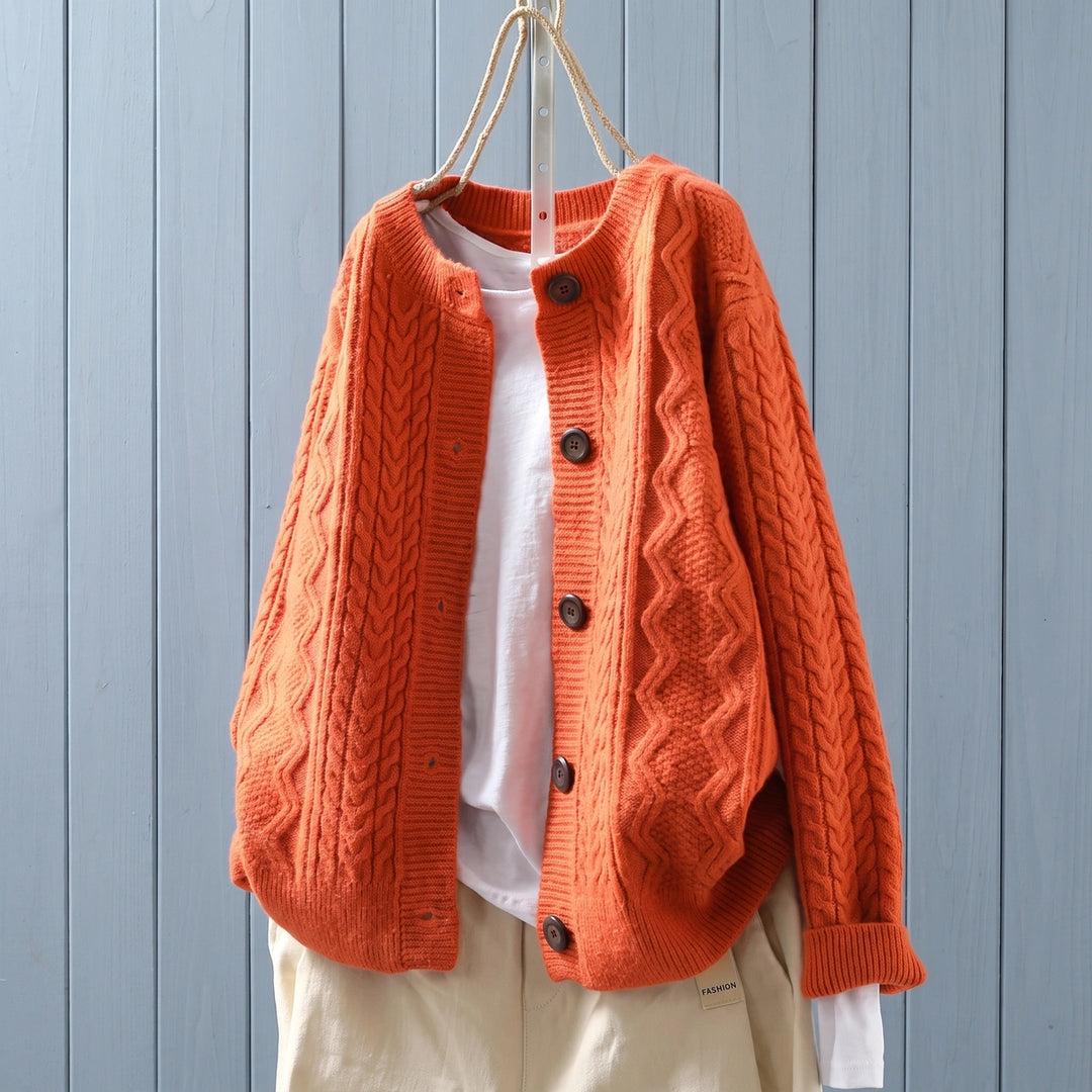 Charlene Cable Knit Crew Neck Button Cardigan - Orange