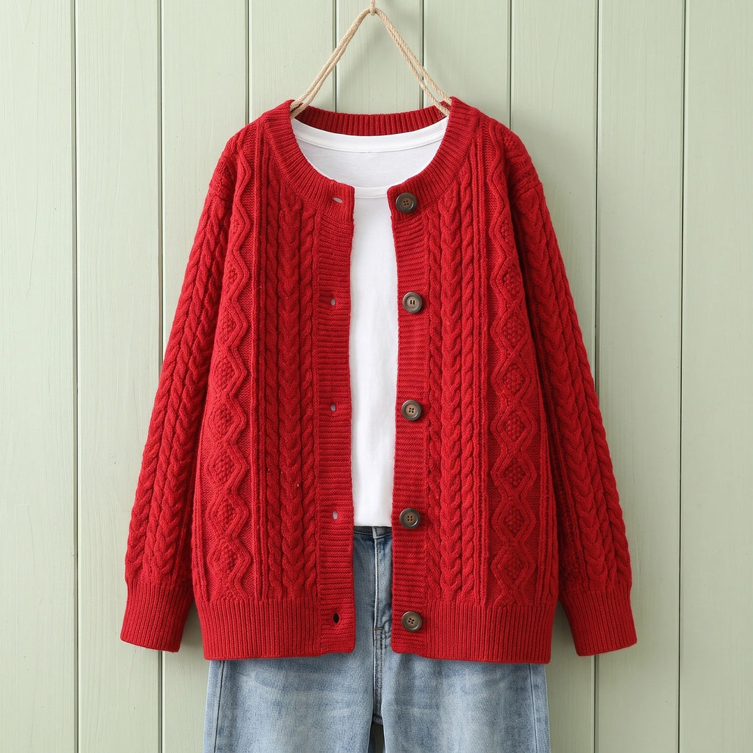 Charlene Cable Knit Crew Neck Button Cardigan - Red