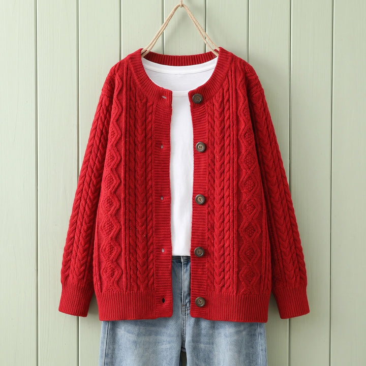 Charlene Cable Knit Crew Neck Button Cardigan - Red