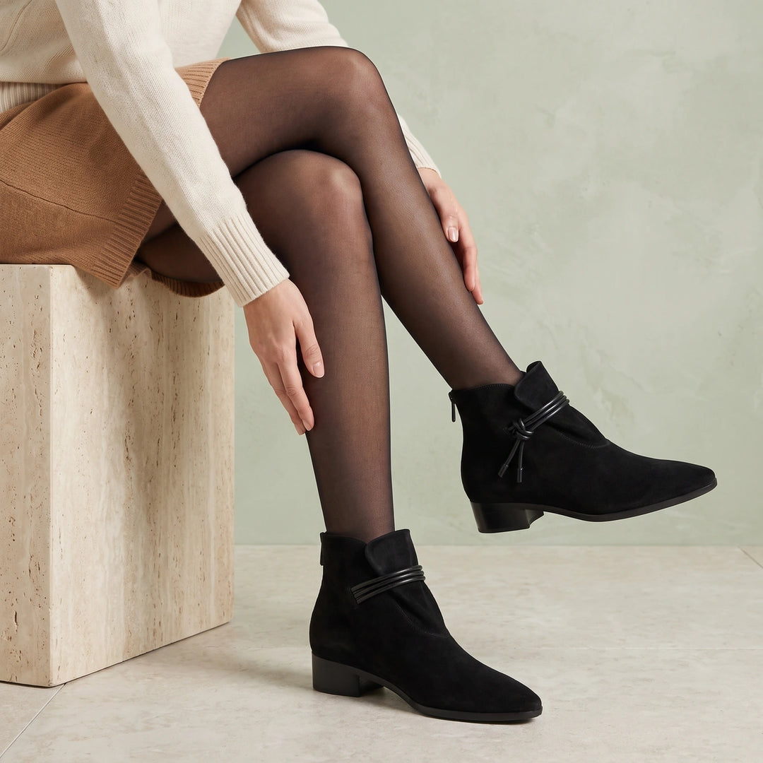 Cheryl Genuine Suede Pointed Toe Ankle Boots - Black