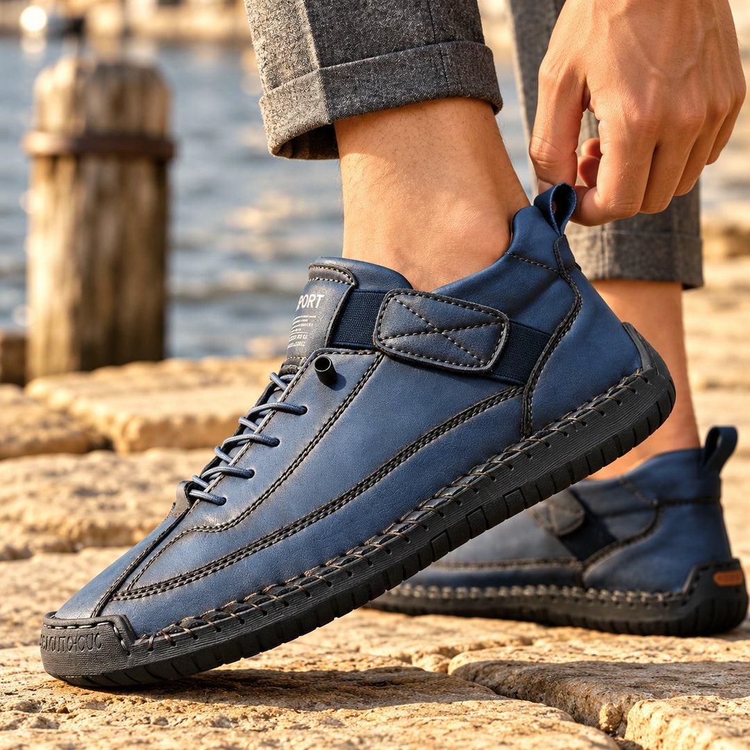 Christian Stitched Leather Strap Casual Sneakers - Azure