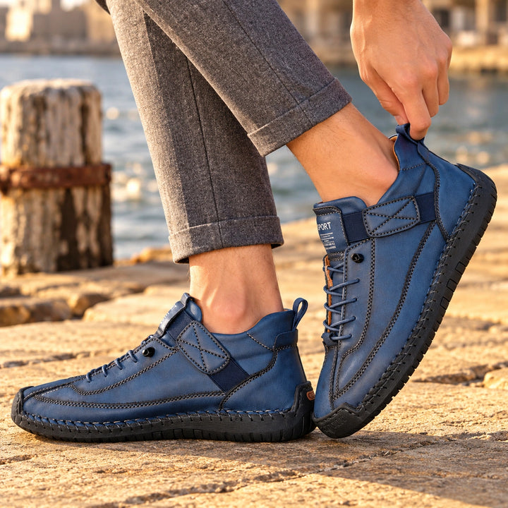 Christian Stitched Leather Strap Casual Sneakers - Azure
