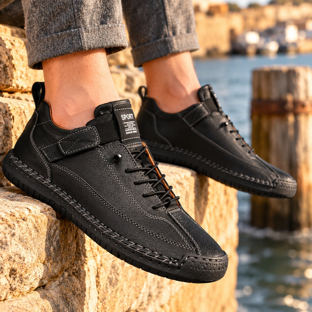 Christian Stitched Leather Strap Casual Sneakers - Carbon