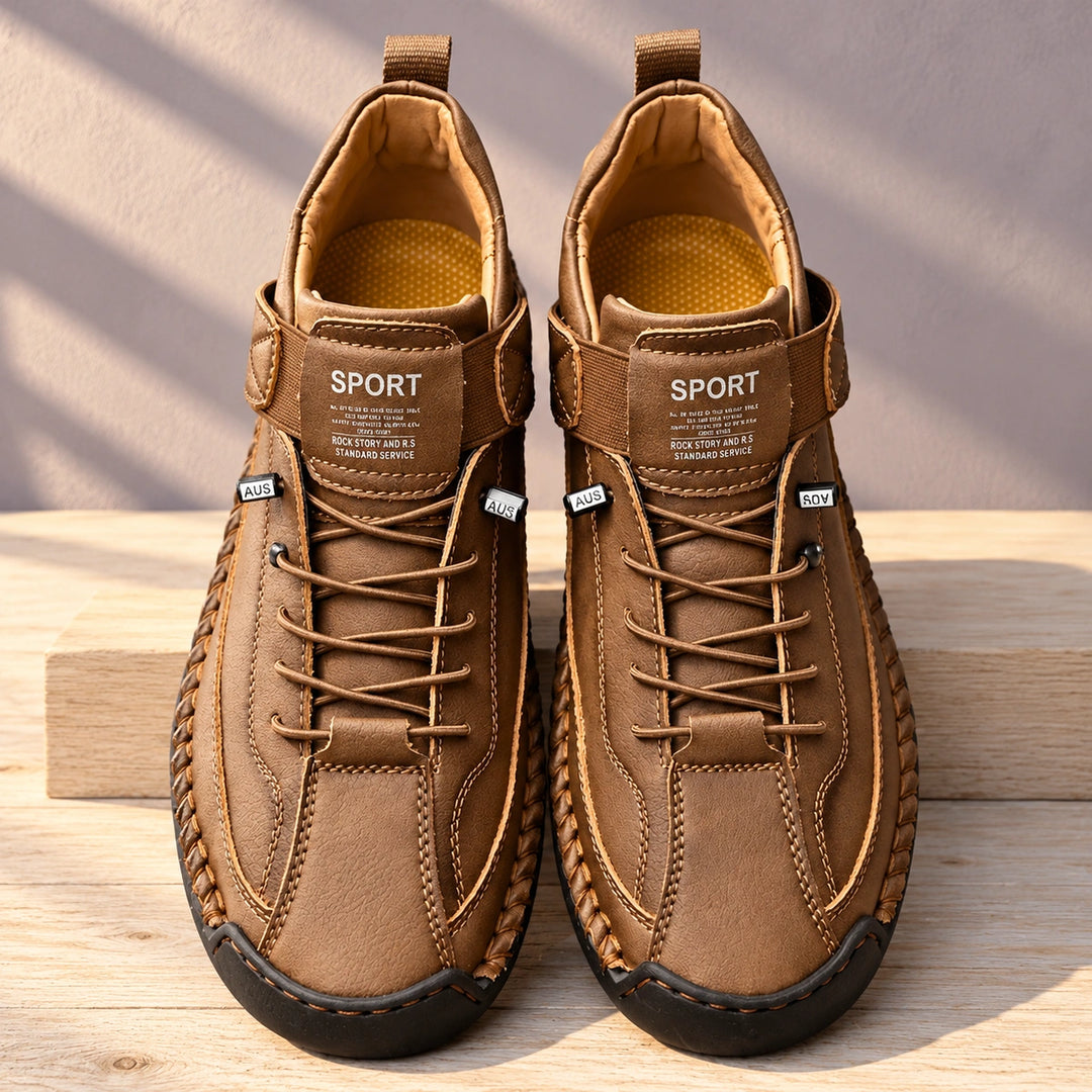 Christian Stitched Leather Strap Casual Sneakers - Espresso