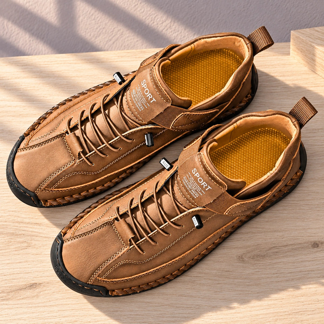 Christian Stitched Leather Strap Casual Sneakers - Espresso