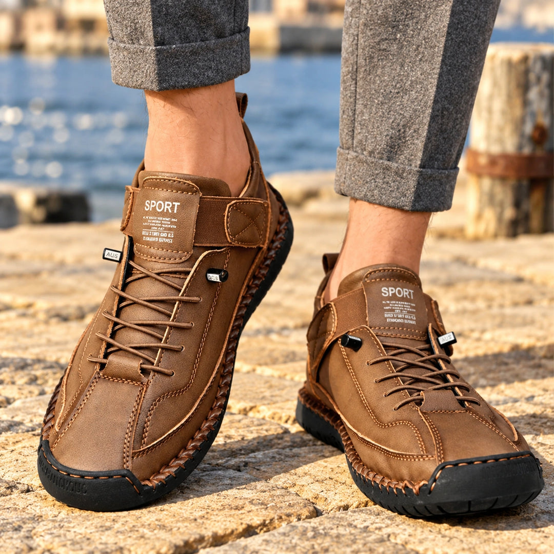 Christian Stitched Leather Strap Casual Sneakers - Espresso