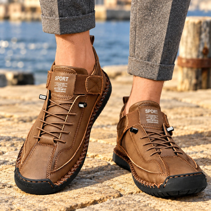 Christian Stitched Leather Strap Casual Sneakers - Espresso