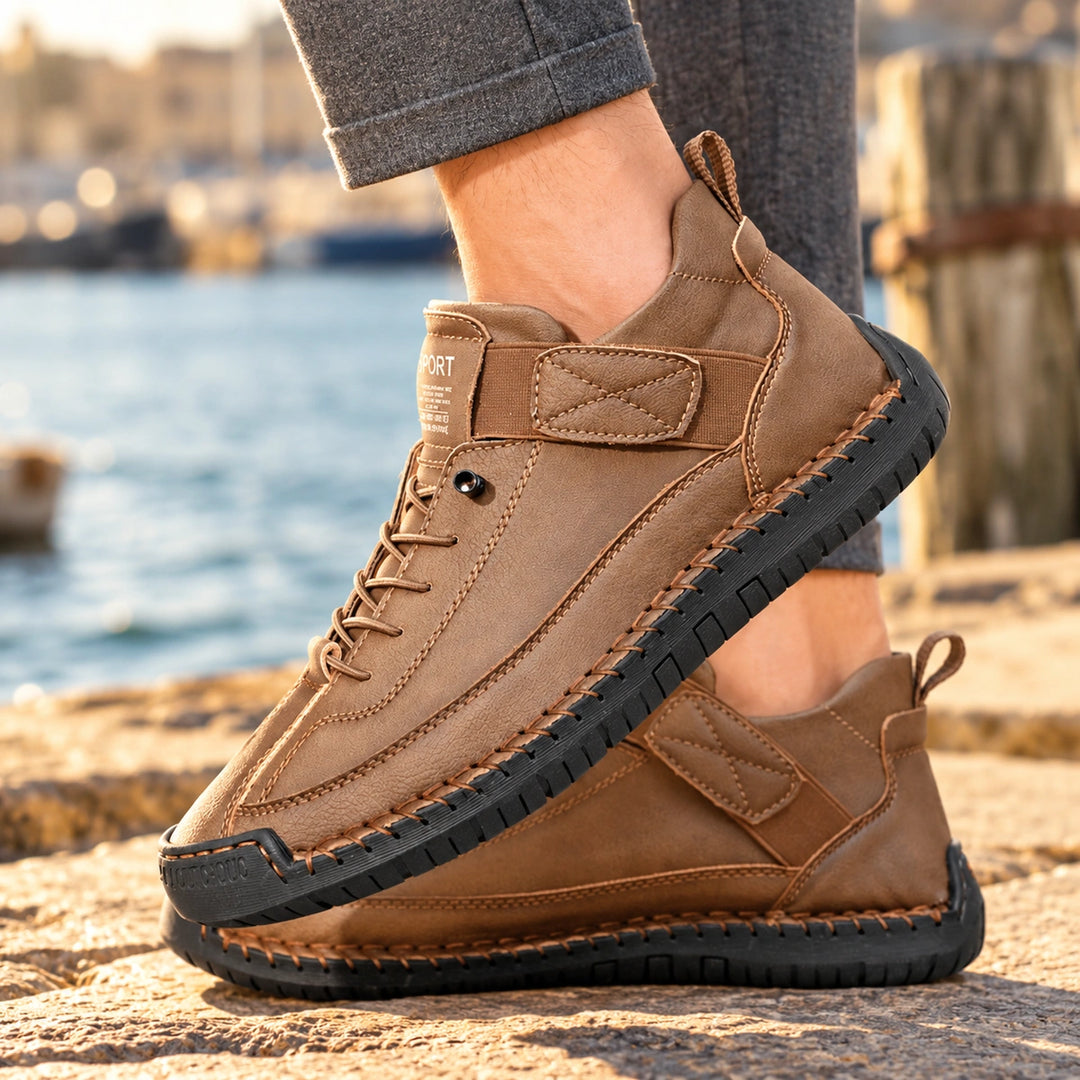 Christian Stitched Leather Strap Casual Sneakers - Espresso