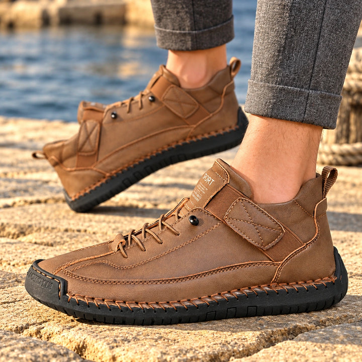 Christian Stitched Leather Strap Casual Sneakers - Espresso