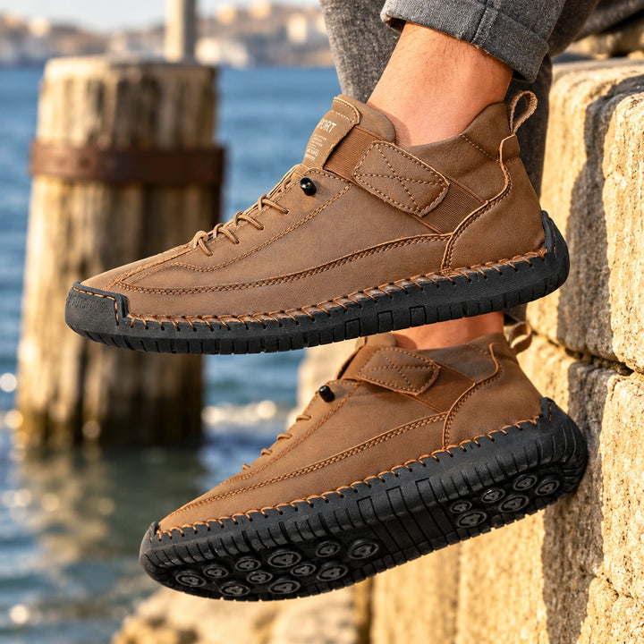 Christian Stitched Leather Strap Casual Sneakers - Espresso