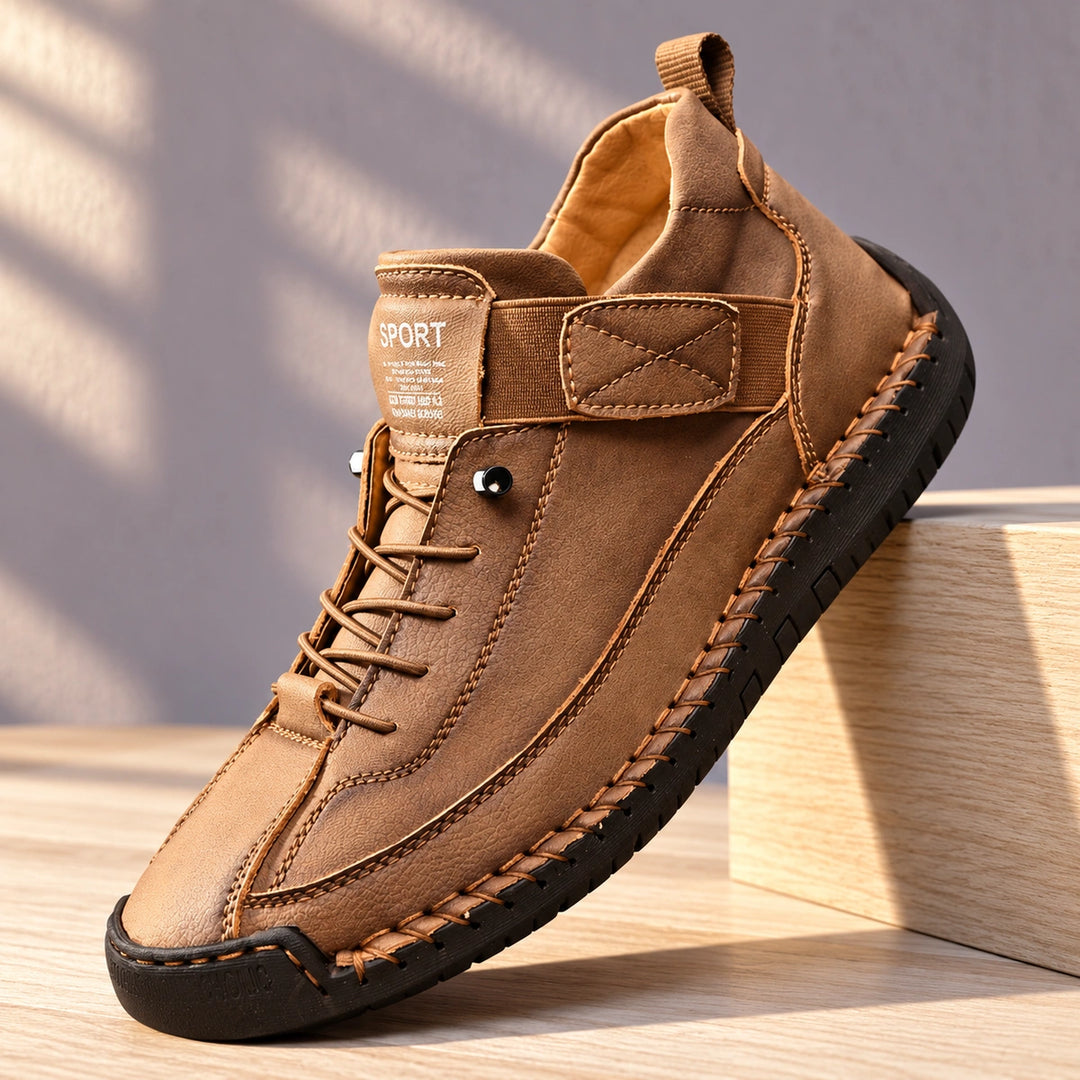 Christian Stitched Leather Strap Casual Sneakers - Espresso