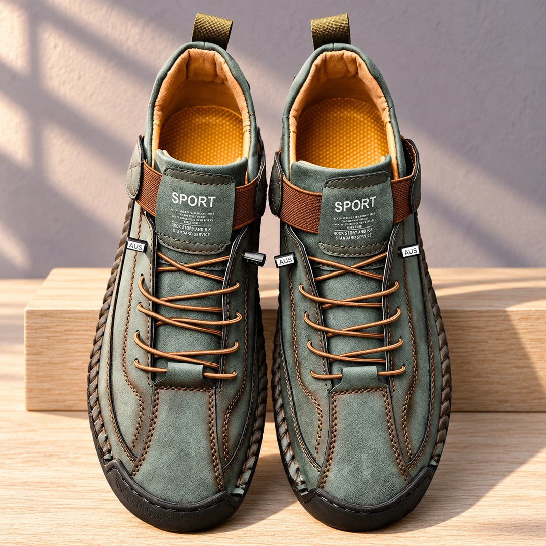 Christian Stitched Leather Strap Casual Sneakers - Olive