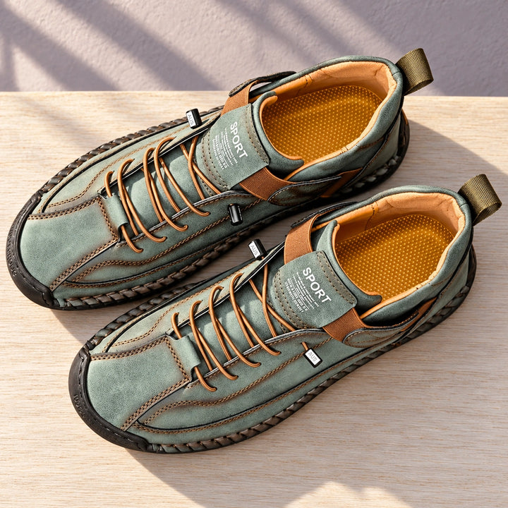 Christian Stitched Leather Strap Casual Sneakers - Olive