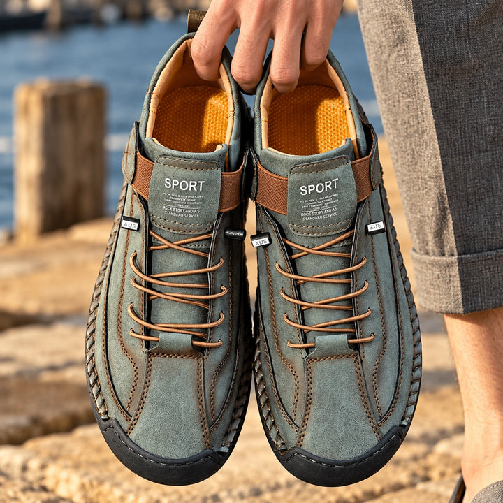 Christian Stitched Leather Strap Casual Sneakers - Olive