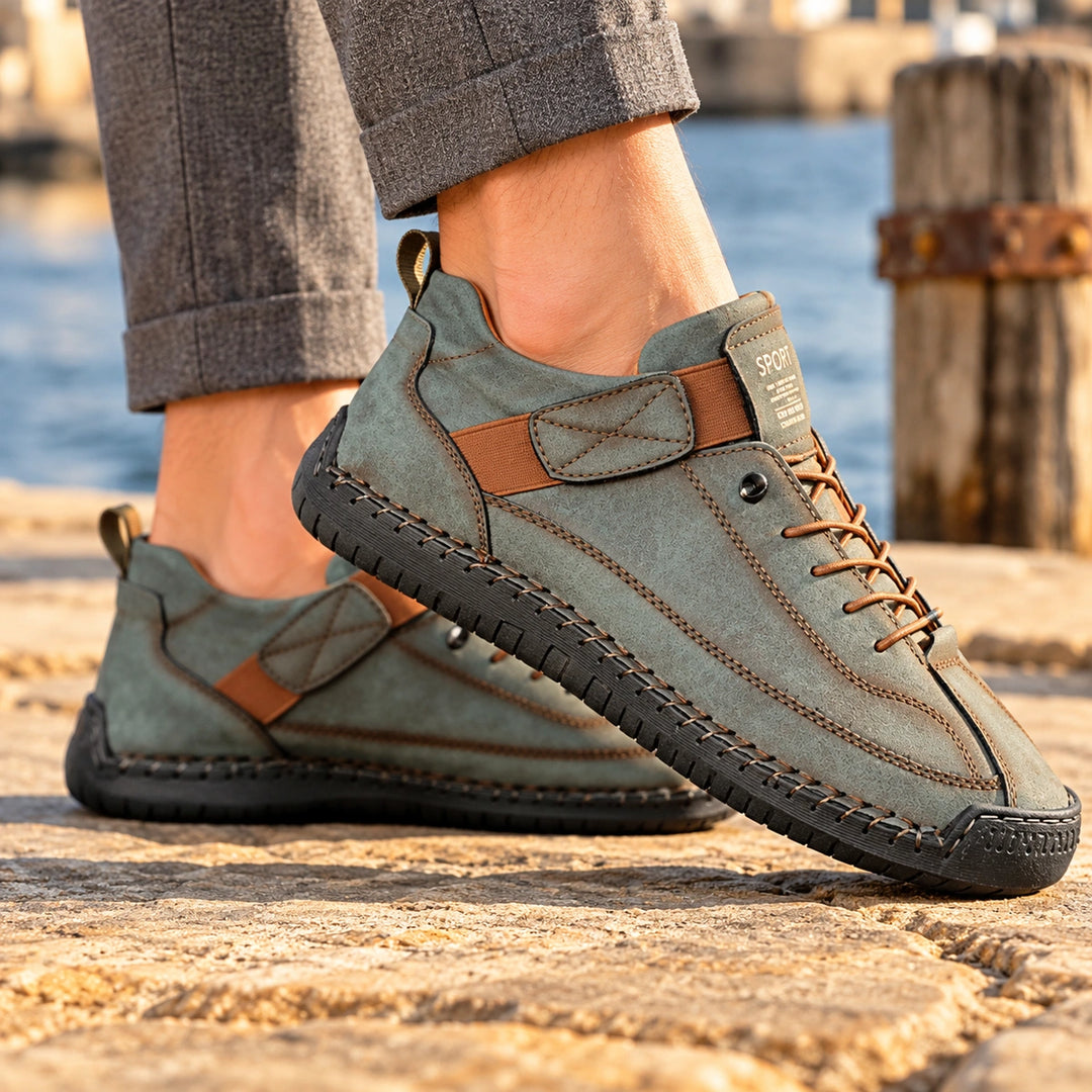 Christian Stitched Leather Strap Casual Sneakers - Olive