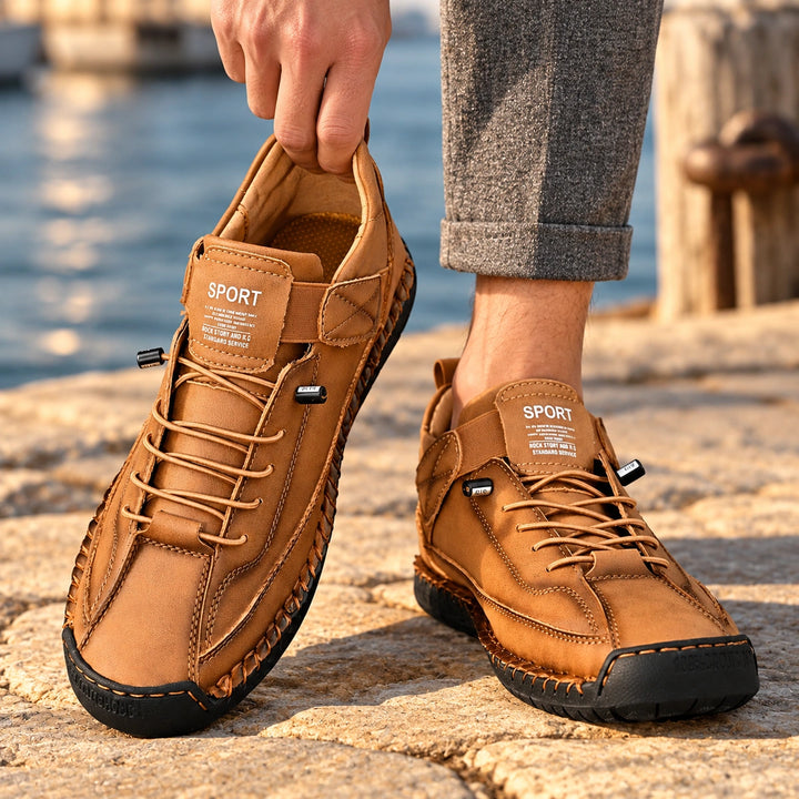Christian Stitched Leather Strap Casual Sneakers - Sandstone