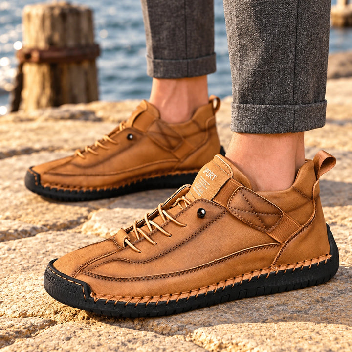 Christian Stitched Leather Strap Casual Sneakers - Sandstone