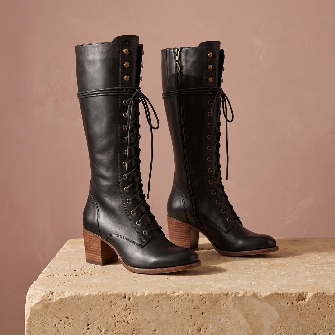 Christina Vegan Leather Lace Up Knee High Boots - Black