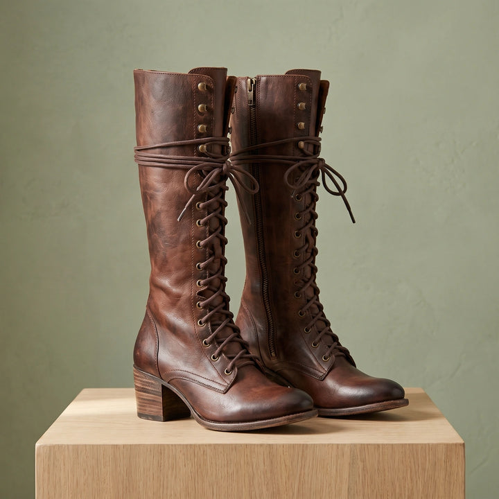 Christina Vegan Leather Lace Up Knee High Boots - Dark Brown