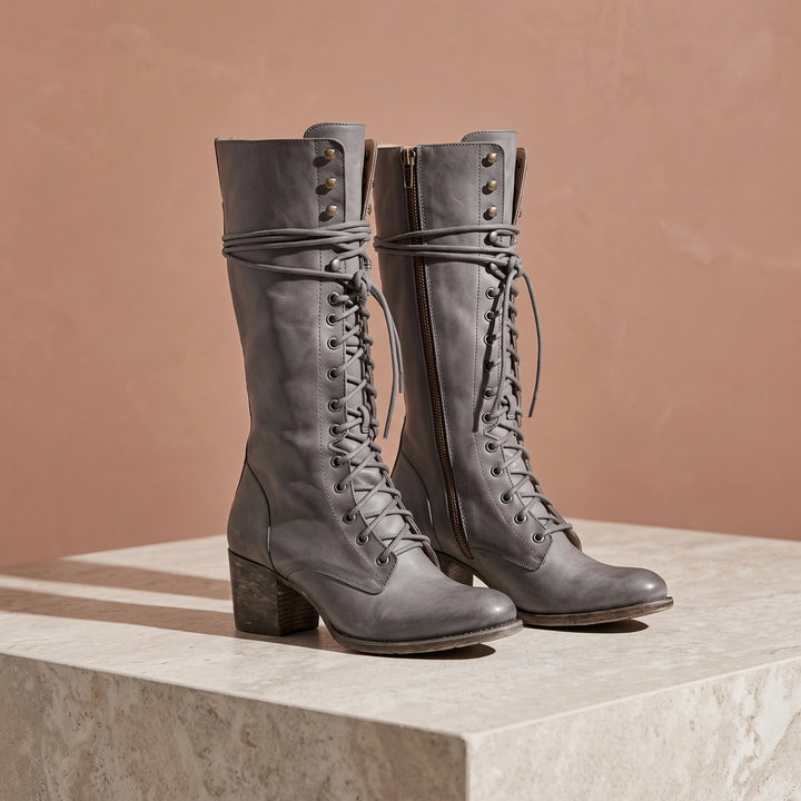 Christina Vegan Leather Lace Up Knee High Boots - Gray
