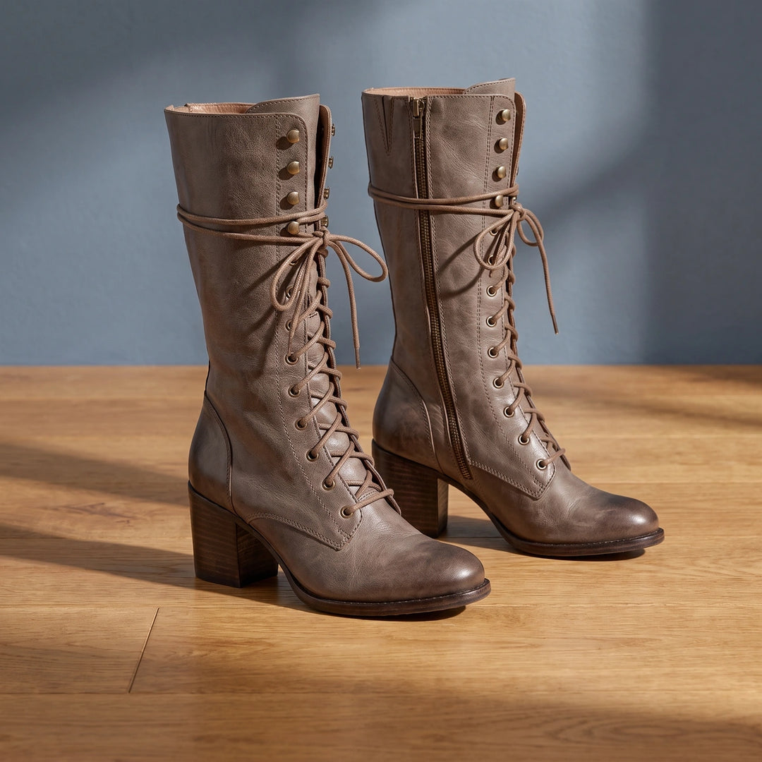 Christina Vegan Leather Lace Up Knee High Boots - Taupe