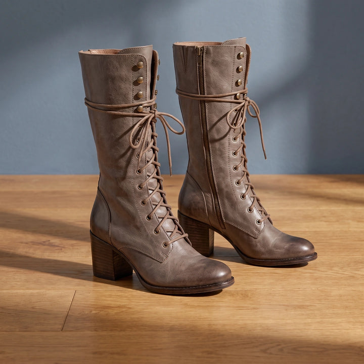 Christina Vegan Leather Lace Up Knee High Boots - Taupe