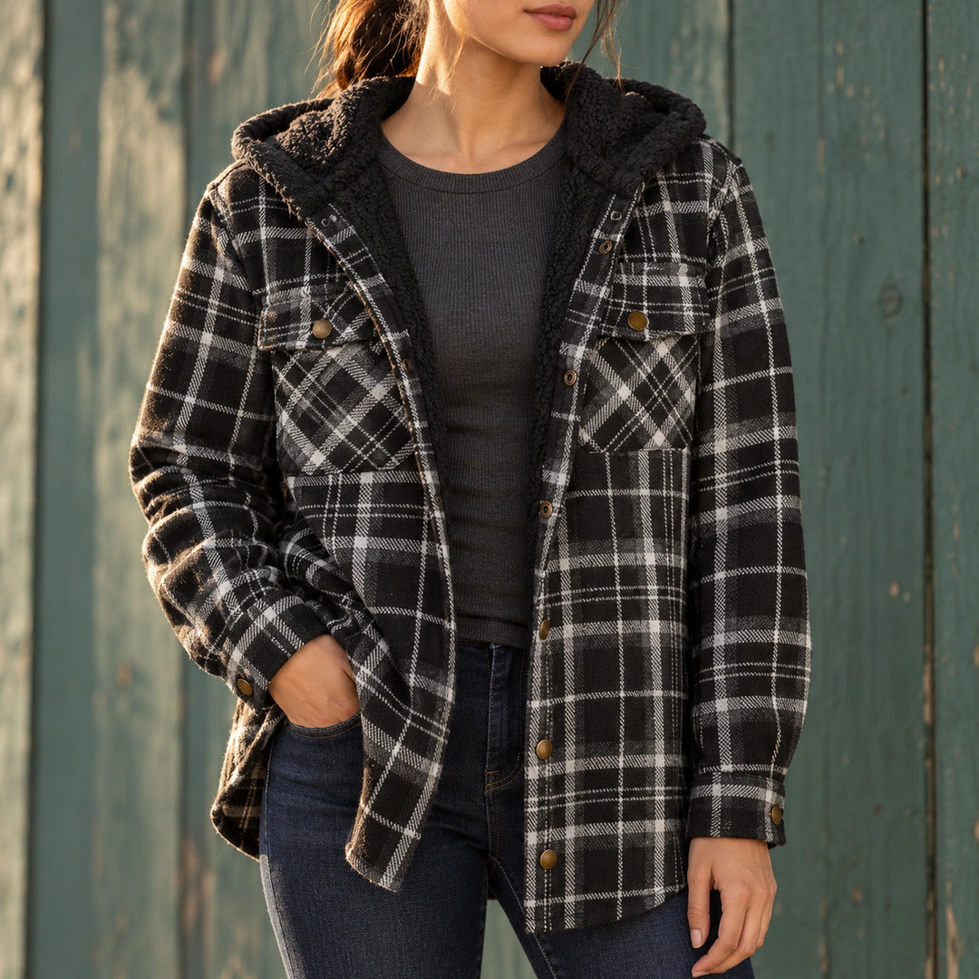Claudia Plaid Flannel Sherpa Collar Shacket - Black