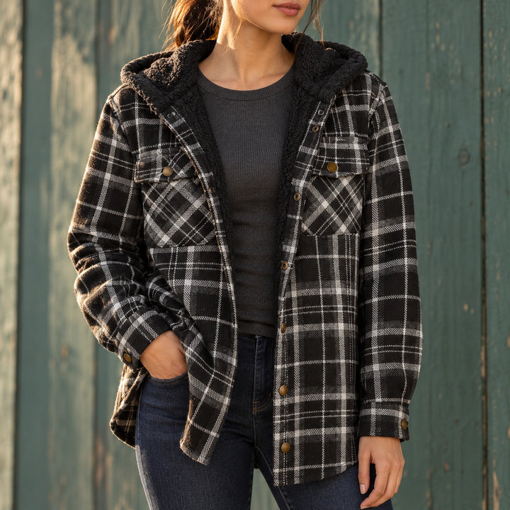 Claudia Plaid Flannel Sherpa Collar Shacket - Black