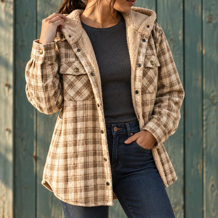 Claudia Plaid Flannel Sherpa Collar Shacket - Brown