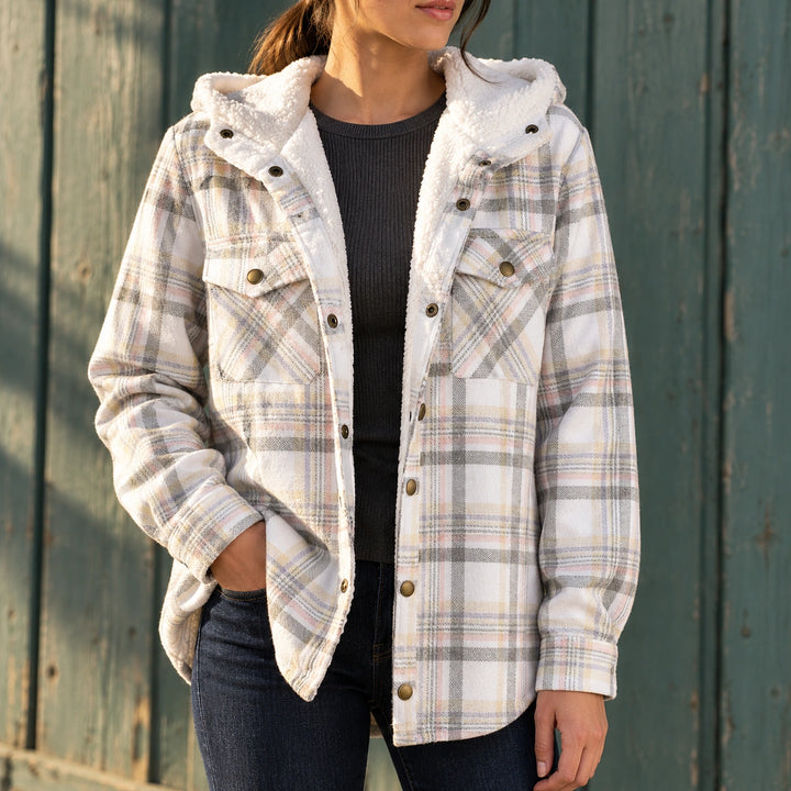 Claudia Plaid Flannel Sherpa Collar Shacket - Gray