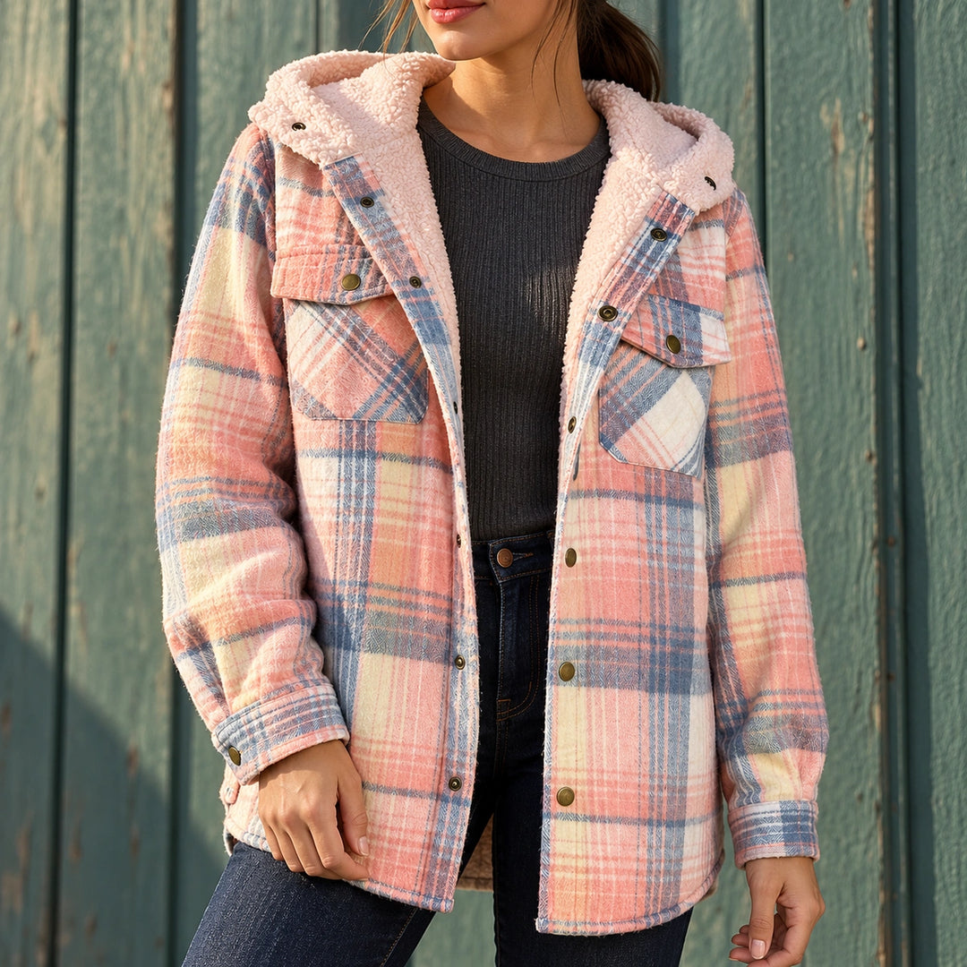 Claudia Plaid Flannel Sherpa Collar Shacket - Pink