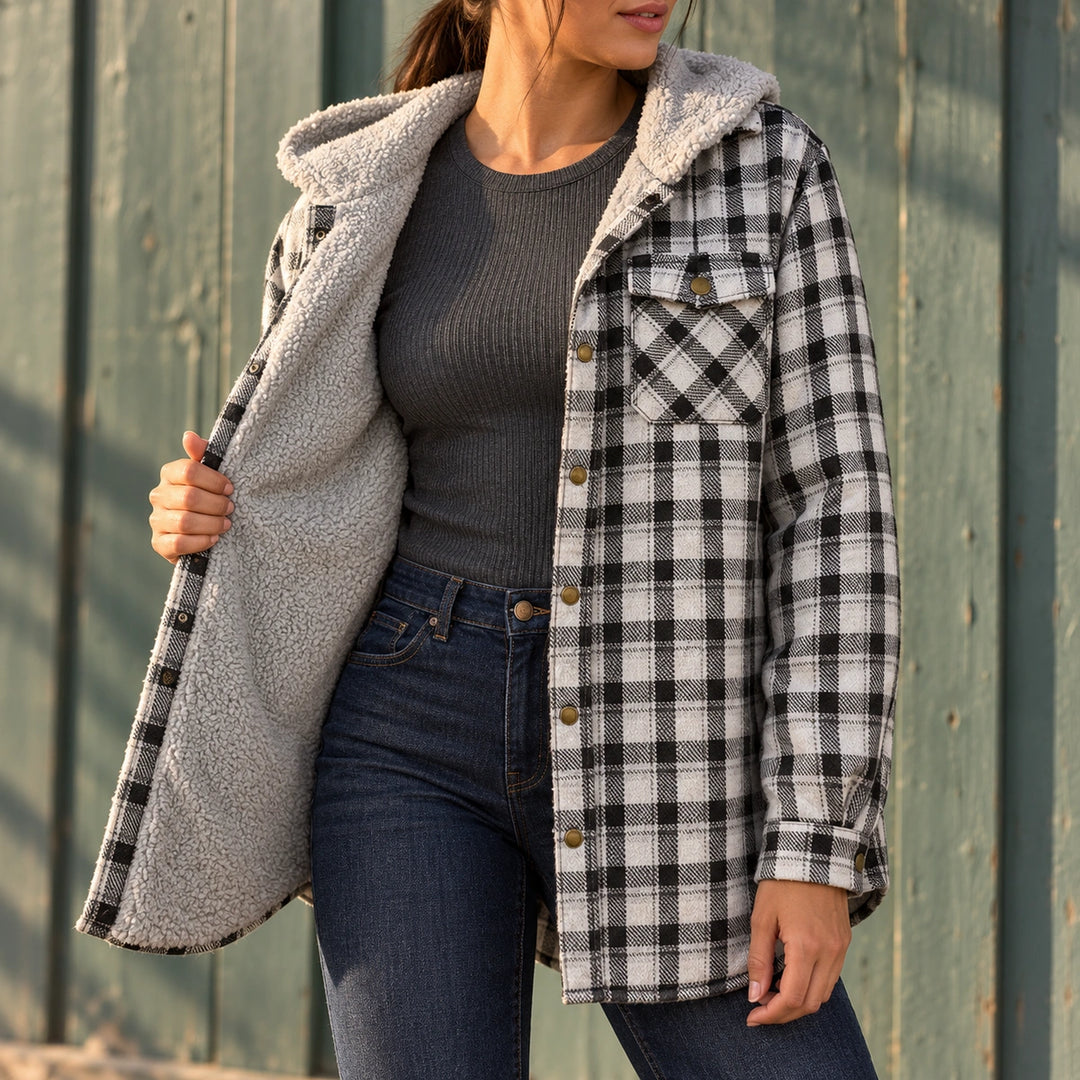 Claudia Plaid Flannel Sherpa Collar Shacket - White