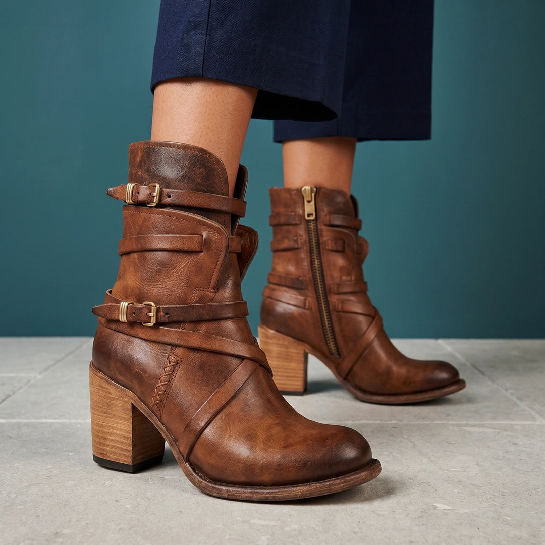 Claudine Distressed Leather Wrap Strap Block Heel Boots - Brown
