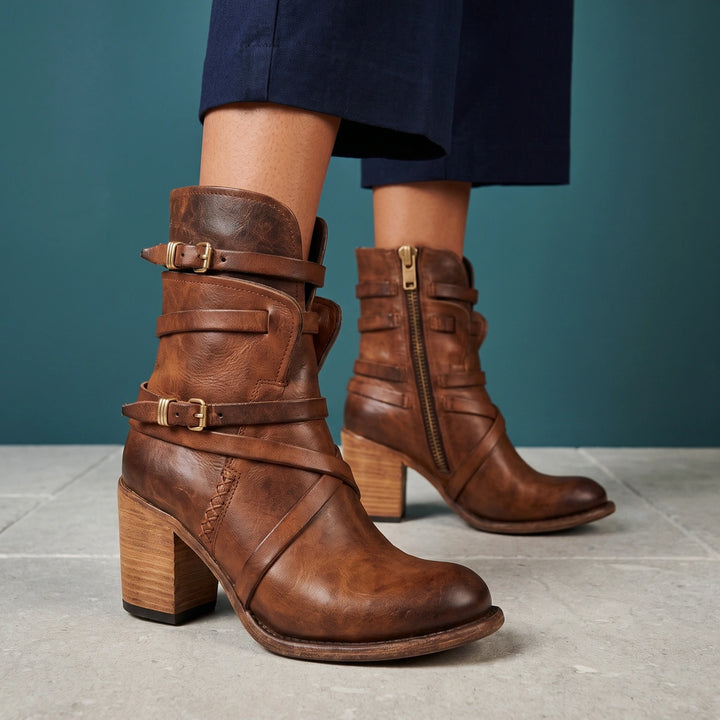 Claudine Distressed Leather Wrap Strap Block Heel Boots - Brown